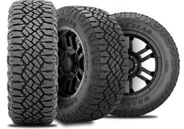 Goodyear Wrangler Duratrac RT tire with three view angles