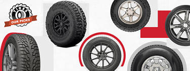 An image of a variety of cheap tires accented by red graphics with the words 'tires: our picks' in the top left corner.