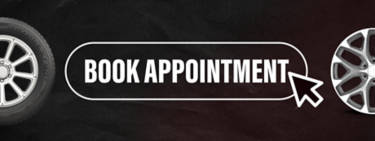 A black background with images of a tire and a wheel at the sides with a white 'book appointment' icon and a cursor in the center.