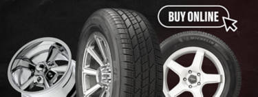 A black background with images of 3 various tires and wheels with a white 'buy online' icon and a cursor in the top right corner.