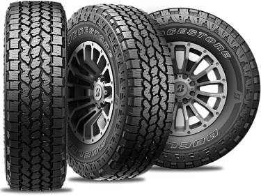 Bridgestone Dueler A/T Revo 3 tire with three view angles