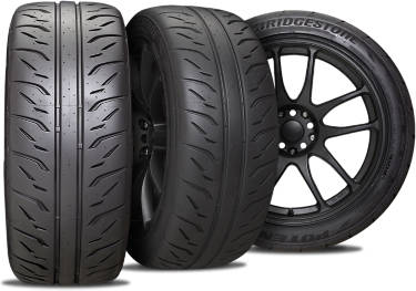 Bridgestone Potenza RE71r tire with three view angles