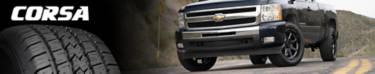 Corsa tire brand featuring the Corsa HT Plus next to a Chevrolet Silverado 1500