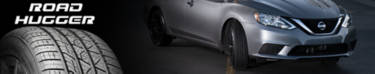 Road Hugger tire brand featuring the Road Hugger GTP A/S02 next to a Nissan Altima
