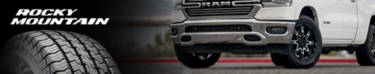 Rocky Mountain tire brand featuring the Rocky Mountain HT next to a RAM 1500