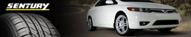 Sentury tire brand featuring the Sentury Touring next to a Honda Civic