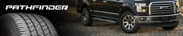 Pathfinder tire brand featuring the pathfinder HT next to a Ford F150