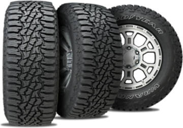 Goodyear Wrangler Ultraterrain AT tire with 3-view angles