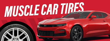 an image of a tire near a red muscle car against a red background with the words 'Muscle Car Tires' in white letters at the top