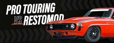 an image of a red classic car with the words 'Pro Touring vs Restomod' in white letters above the image