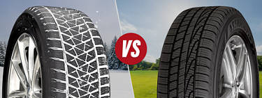 An image of a winter tire in snow on the left and an image of an all-season tire in the summer with a versus sign in the middle.