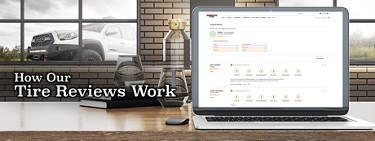 America's Tire reviews are shown on a laptop in an office with a Toyota in the background window
