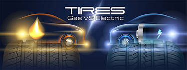 an image of two tires and vehicles facing each other, one gas and one electric, with the words 'tires:gas vs electric' across the top