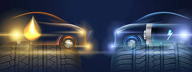 An image of two tires and vehicles facing each other, one gas and one electric.
