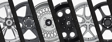An image of multiple wheel styles and types separated by slanted black bars.