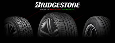 An image of a variety of Bridgestone tires against a black background with the Bridgestone logo and 'Innovation. Performance. Sustainability' words written below.