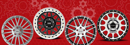An image of various machined wheels on a red background with a gear pattern across it.'