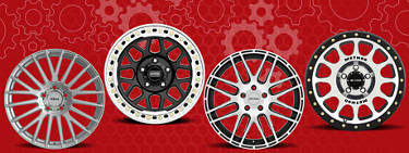 An image of various machined wheels on a red background with a gear pattern across it.