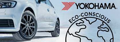 An image of a vehicle with Yokohama BluEarth tires on them and the Yokohama logo to the top right, an illustration of Earth below that and the words, 'Eco-Conscious' above that.