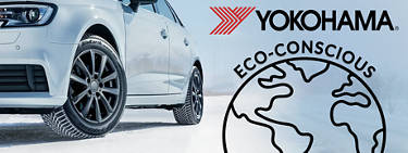 An image of a vehicle with Yokohama BluEarth tires on them and the Yokohama logo to the top right, an illustration of Earth below that and the words, 'Eco-Conscious' above that.