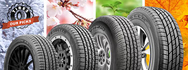 An image of a variety of all-season truck tires across seasonal weather backgrounds with the words and tire insignia of 'Tires: Our Picks' to the left.