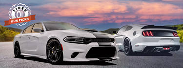 An image of two sports cars with a dark sunset in the background with the words and tire insignia of 'Tires: Our Picks' to the left.