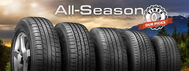 an image of all-season tires on a landscape backdrop with the words all-season tires: our picks across the top 