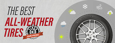an image of a tire with icons of different weather seasons around it to the right with the words 'The Best All-Weather Tires' and a symbol of a tire with the words 'Tires: Our Picks' next to it.