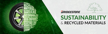 Bridgestone sustainability tires, green graphic with tires and a tree