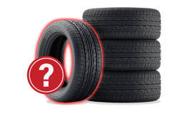 Four tires with one outlined with a question mark