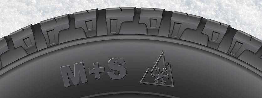 illustrated tire sidewall with M+S and a three-peak mountain snowflake symbol