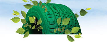 An image of a green tire with leaves surrounding it on a cloudy background.