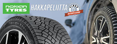 An image of two Nokian Hakkapeliitta tires, one in the foreground and another in the background on a vehicle. The words, Nokian Tyres: Hakkapeliitta:Tires: Buyer's Guide' is written across the top of the image.