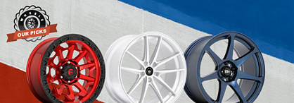 An image of red, white and blue wheels against a red white and blue striped backdrop with the 'Wheels: Our Picks' logo to the left.'
