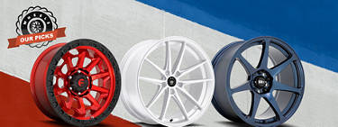An image of red, white and blue wheels against a red, white and blue striped backdrop with the icon 'Wheels: Our Picks' to the left