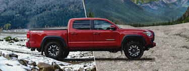 An image of a red truck between two background images, a snowy background on the left and a non-snowy background on the right.