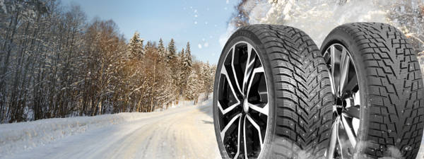 An image of two studded tires to the right against a backdrop of snow and trees during winter. 