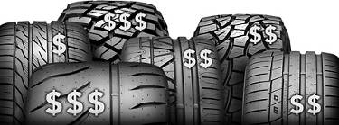 An image of multiple tires with varying dollar sign quanities in front of them indicating various price levels.