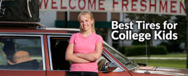 College student standing in front of her red car. Best tires for college students