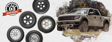 An image of a truck driving through an outdoor terrain environment on the right and a variety of all-terrain tires on the left with the words 'Tires: Our Picks.'