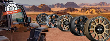 An image of a Jeep against a desert background with various off-road tires in the foreground and the words 'Tires: Our Picks' to the left.