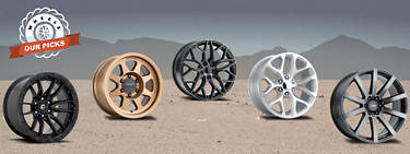 An image of various SUV rims across a desert landscape with the words 'Wheels: Our Picks' on the left.