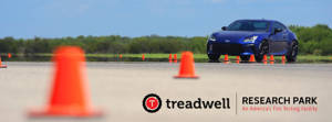 An image of a blue car on a testing track with cones with the words 'Treadwell Research Park: An America's Tire Testing Facility' and the Treadwell logo near the bottom right corner.