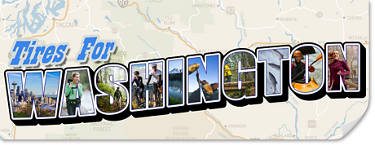 a partial map of Washington with the words 'Tires for Washington' across the center of it with images of landscapes and activities from Washington featured within the letters