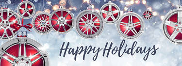 multiple wheels are shown hanging like ornaments with the words 'happy holidays' below them