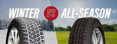 An image of an all-season and a winter tire with backgrounds of their respective weather seasons behind them with the words 'Winter vs All-Season' across the top.