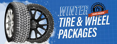 An image of two winter tires covered in snow against a blue snowy blackground with the words 'Winter Tire and Wheel Packages: Packages: Our Picks' on the right.