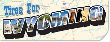 a partial map of Wyoming with the words 'Tires for Wyoming' across the center of it with images of landscapes and activities from Wyoming featured within the letters.