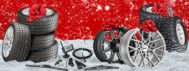 multiple tires, wheels and car accessories are shown in a snowy setting with red bows on them.