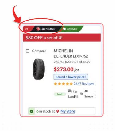 An image of the Michelin Defender2 with an arrow and circle highlighting the 'best match' feature.